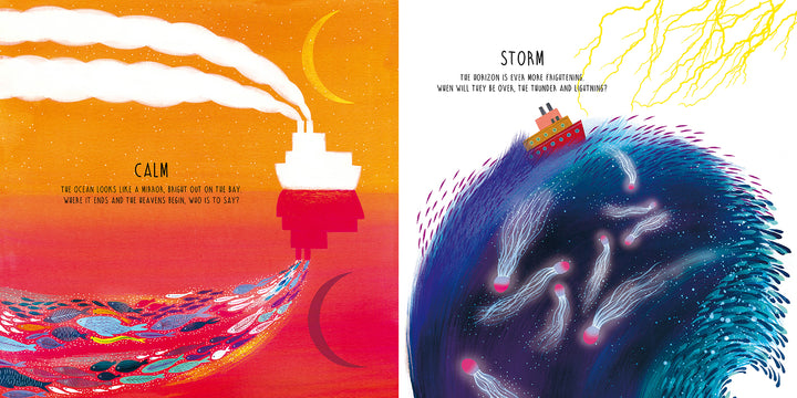 Two pages from Schiffer Publishing, Ltd.'s children's book Opposites: Left—white ship on calm orange seas with "CALM"; right—ship in stormy blue waves with lightning and "STORM." A vivid look at natural opposites.
