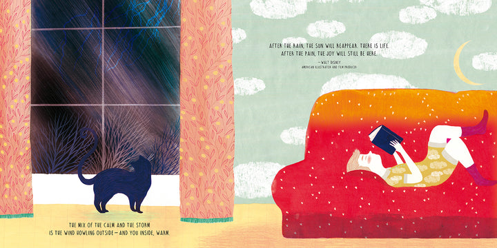 A person lounges on a red sofa, reading "Opposites" by Schiffer Publishing, Ltd., wrapped in a yellow blanket. A black cat gazes out a tall window at the windy, rainy night, while cozy moonlit warmth fills the room inside.