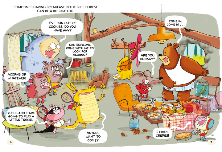 A lively group, inspired by The Golden Dragon from Schiffer Publishing, Ltd., gathers in a cozy kitchen for breakfast. A bear joins as a pig chef serves crepes; others chat, snack, or hunt for cookies—like a scene from a vibrant children’s graphic novel.