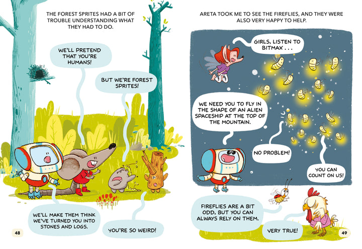 A colorful children's book illustration from "The Golden Dragon" by Schiffer Publishing, Ltd. shows forest sprites talking to Areta and pretending to turn her and her friend to stone, while fireflies shaped like alien spaceships agree to help her.