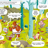 A bear, a rabbit, and the Golden Dragon chat in a vibrant forest. The rabbit sits in a tree, the bear gestures, and the dragon listens by a tent and campfire—a lively scene from The Golden Dragon by Schiffer Publishing, Ltd.