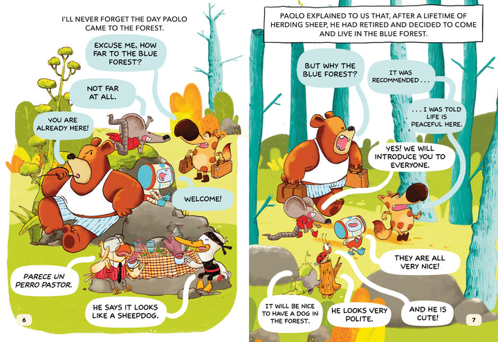 In "Paolo, the Sheepdog" by Schiffer Publishing, Ltd., a bear, a robot, and some animals chat in the Blue Forest. An animal jokes the bear looks like a sheepdog, and Paolo explains why he moved to the forest.