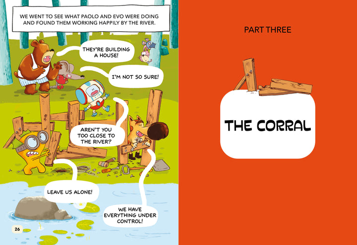 A bear supervises as Paolo the Sheepdog, a robot, and a girl argue near a riverside build site in this Schiffer Publishing, Ltd. graphic novel for young readers. On the right, text reads “Part Three: The Corral.”.