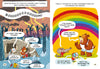 A group of animals shelter under a tarp in the rain; on the right, a bear, mouse, and rabbit chat beneath a rainbow. This vibrant scene is straight from "Paolo, the Sheepdog" by Schiffer Publishing, Ltd., perfect for young readers.