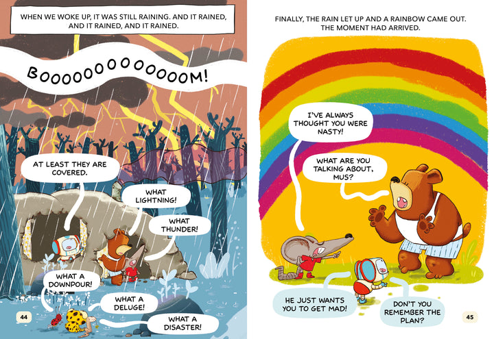 A group of animals shelter under a tarp in the rain; on the right, a bear, mouse, and rabbit chat beneath a rainbow. This vibrant scene is straight from "Paolo, the Sheepdog" by Schiffer Publishing, Ltd., perfect for young readers.