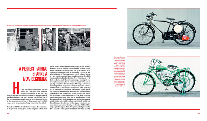 Magazine spread from Schiffer Publishing, Ltd. showcases vintage Mini Honda motorcycles: left page with black-and-white men at work plus a color photo of a black Mini Honda; right page features a green moped and historic details.