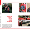A magazine spread showcases a man with a red Mini Honda motorcycle. Close-ups highlight the odometer, chrome exhaust, and Honda logo as he shares his experience restoring and riding this classic, featured by Schiffer Publishing, Ltd.
