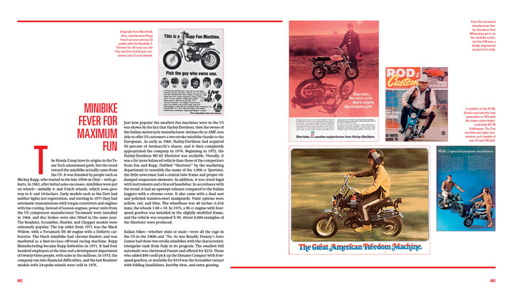 Magazine spread featuring an article titled Minibike Fever for Maximum Fun, with vintage photos and ads of mini motorcycles like the Mini Honda from Schiffer Publishing, Ltd., plus riders in helmets and retro graphics on a white background with red accents.