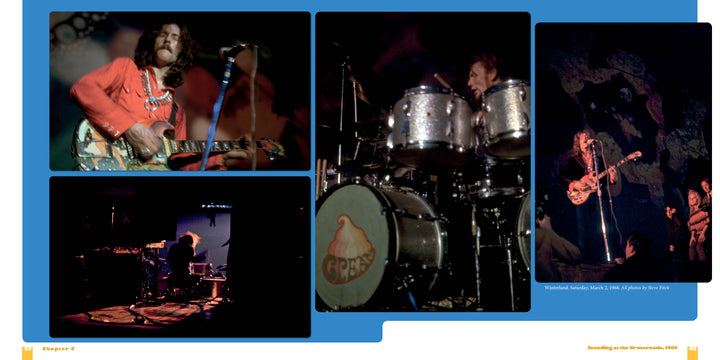 Four photos from Cream: Clapton, Bruce & Baker Sitting on Top of the World by Schiffer Publishing, Ltd., capture the dynamic energy of Cream's 1968 concerts, with iconic stage lighting and classic guitar, bass, and drums.