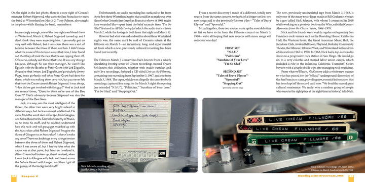 A magazine spread features text about live concert recordings, a close-up of a handwritten cassette tracklist, and three stacked tapes labeled "Cream: Clapton, Bruce & Baker Sitting on Top of the World" from Schiffer Publishing, Ltd.