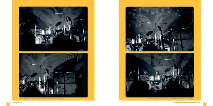 Four vintage black-and-white photos of a drummer at Cream’s 1968 concerts, set against a yellow background with a psychedelic backdrop, appear on two facing pages in "Cream: Clapton, Bruce & Baker Sitting on Top of the World" by Schiffer Publishing.
