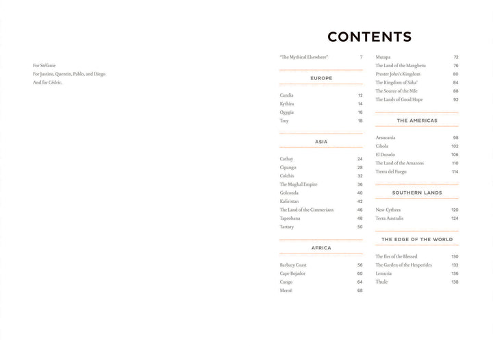 The Atlas of Dream Lands by Schiffer Publishing, Ltd. features a table of contents with sections—Europe, Asia, Africa, The Americas, Southern Lands, and The Edge of the World—listing legendary places and page numbers; dedication in upper left.