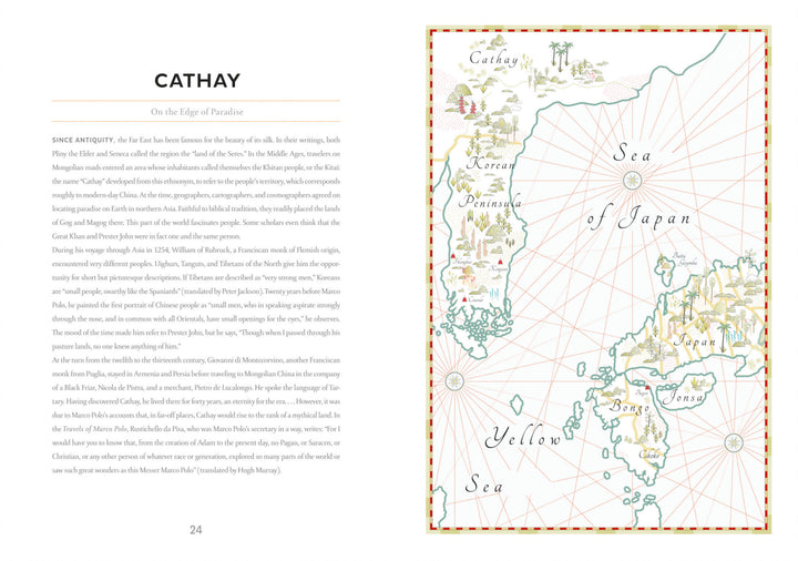 Discover the "Atlas of Dream Lands" by Schiffer Publishing, Ltd.—a vintage-style illustrated map of East Asia, blending literary atlas charm with compass lines, featuring the Sea of Japan, Yellow Sea legends, the Korean Peninsula, and eastern China.
