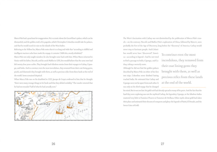 A two-page spread in Atlas of Dream Lands by Schiffer Publishing, Ltd. shows text on Marco Polo and Cathay, plus a small illustrated map of legendary places and ships at the bottom left of page 26. The background is white with elegant light gray type.