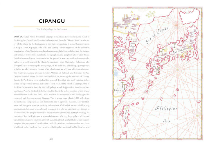 An ornate map of Cipangu (Japan) and its seas, styled mythically with labeled regions and borders, appears alongside text on legendary places in Atlas of Dream Lands by Schiffer Publishing, Ltd., on page 28.