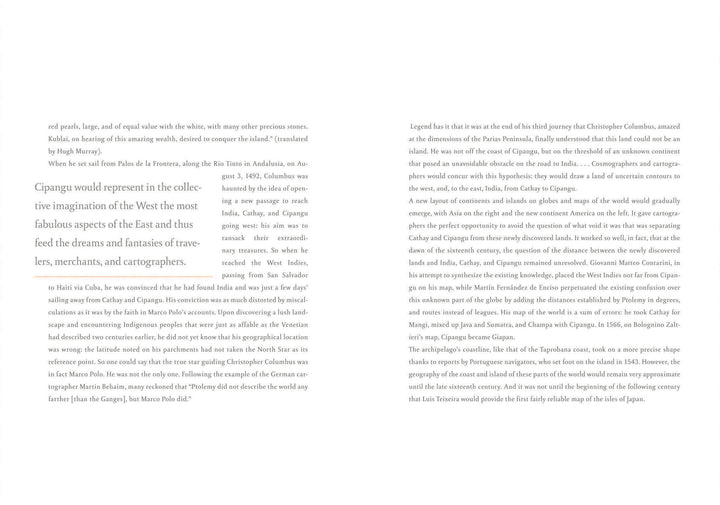An open spread from *Atlas of Dream Lands* by Schiffer Publishing, Ltd. shows the left page on Cipangu and mythic places in literary atlases; the right page discusses Columbus and geographic discoveries, with some English text italicized.