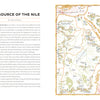 A book spread from Schiffer Publishing, Ltd.'s Atlas of Dream Lands shows "The Source of the Nile" text on the left and a vivid literary map of northeastern Africa and Arabia with rivers, mountains, legends, and regions on the right.