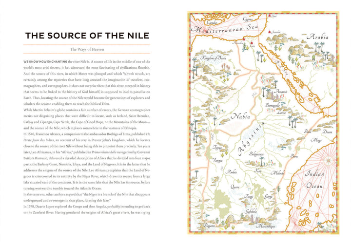 A book spread from Schiffer Publishing, Ltd.'s Atlas of Dream Lands shows "The Source of the Nile" text on the left and a vivid literary map of northeastern Africa and Arabia with rivers, mountains, legends, and regions on the right.