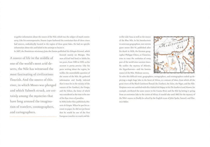 A page from Schiffer Publishing, Ltd.’s *Atlas of Dream Lands* explores the Nile River’s historical role, featuring text and a map on the right marking northeastern Africa with labels for “Mediterranean,” “Nile,” and “Lake Tana.”.