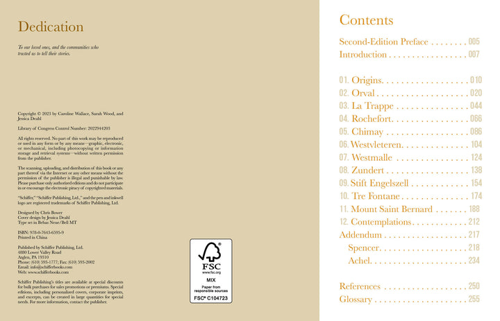 The left page of "Trappist Beer Travels, Second Edition" by Schiffer Publishing, Ltd. shows the dedication, copyright, publishing info, and FSC logo; the right lists Trappist beer and monastery travel chapters in a serif Table of Contents on white.