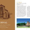 A brown page shows an illustrated abbey and the ORVAL logo on the left; on the right, a photo of Orval Abbey—famed among Trappist breweries—appears with descriptive text above. From "Trappist Beer Travels, Second Edition" by Schiffer Publishing, Ltd.