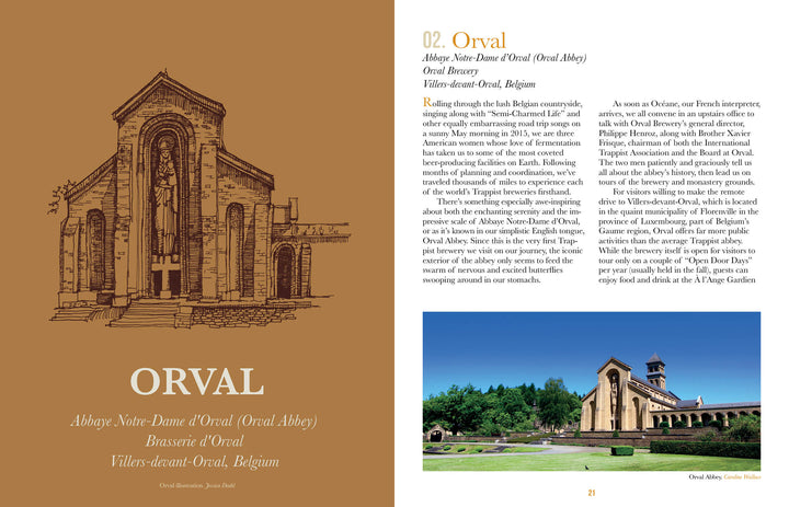 A brown page shows an illustrated abbey and the ORVAL logo on the left; on the right, a photo of Orval Abbey—famed among Trappist breweries—appears with descriptive text above. From "Trappist Beer Travels, Second Edition" by Schiffer Publishing, Ltd.
