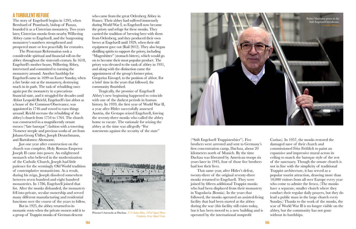 A two-page spread from Trappist Beer Travels, Second Edition by Schiffer Publishing, Ltd. shows text on A Turbulent Refuge and three images: an elderly man by stairs, an old ship dock, and a wartime refugee ship—echoing monastery tales.