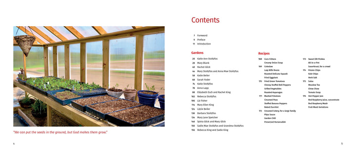 A greenhouse with seedlings and soil sits on a wooden table by bright windows. On the right, the Amish Gardens of Lancaster County by Schiffer Publishing, Ltd. shows a contents page listing garden and recipe sections in red and black text.