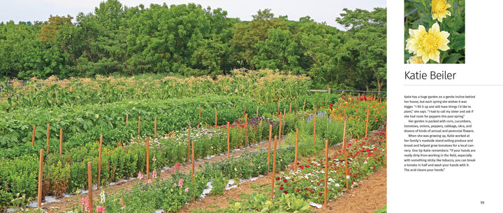 A lush Amish vegetable garden grows behind a house, bordered by trees, with a yellow flower inset. "Amish Gardens of Lancaster County" by Schiffer Publishing, Ltd. features text about Katie Beiler and her garden on the right.
