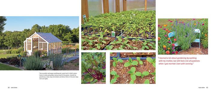 A collage depicts a backyard garden with a greenhouse, raised beds, and seedlings, evoking Amish vegetable plots. Blooming flowers frame a quote about learning gardening from one’s mother, featuring "Amish Gardens of Lancaster County" by Schiffer Publishing, Ltd.