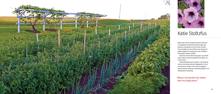 A lush Amish garden from "Amish Gardens of Lancaster County" by Schiffer Publishing, Ltd. shows staked tomatoes, greens, onions, and grapevines on a trellis; inset: close-up purple-pink flowers. Katie Stoltzfus quote and text at right.