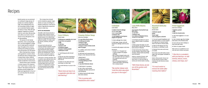 A two-page spread from "Amish Gardens of Lancaster County" by Schiffer Publishing, Ltd. highlights six family recipes inspired by Amish vegetable gardens, each paired with a photo of its main vegetable.