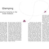The article "Glamping" by Schiffer Publishing, Ltd. features a large decorative A and two text columns, exploring glamorous camping and top glamping destinations, including options throughout Europe.