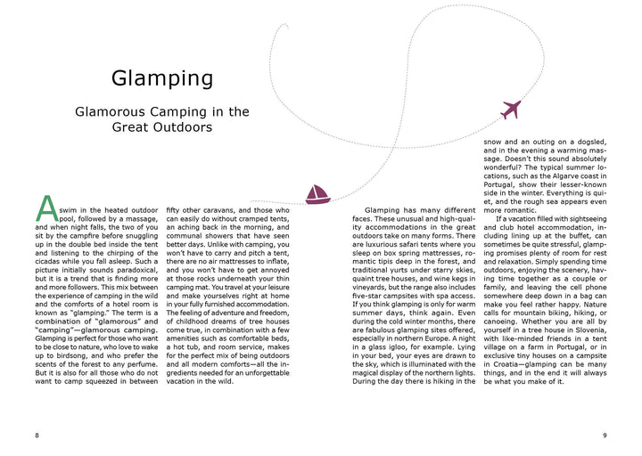 The article "Glamping" by Schiffer Publishing, Ltd. features a large decorative A and two text columns, exploring glamorous camping and top glamping destinations, including options throughout Europe.