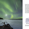 Experience Glamping by Schiffer Publishing, Ltd.: A dazzling night with green northern lights over snowy pines, a snowmobiler gazing at the aurora and full moon—ideal inspiration for Europe’s glamorous camping adventures.