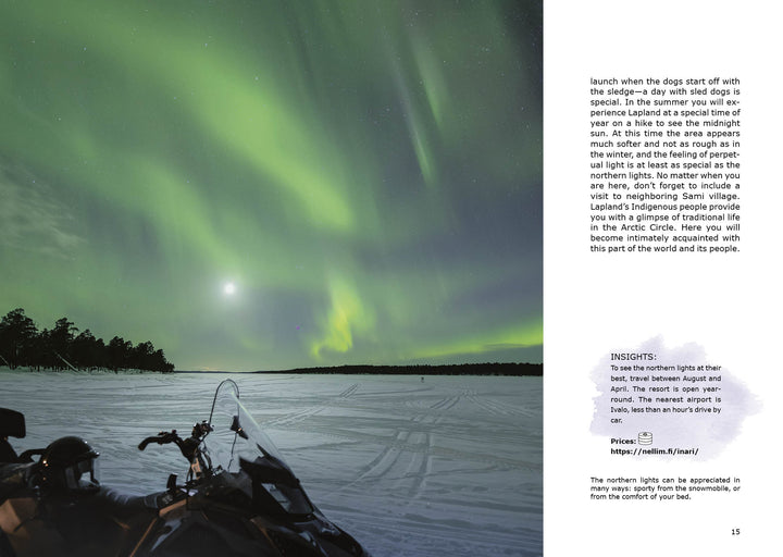 Experience Glamping by Schiffer Publishing, Ltd.: A dazzling night with green northern lights over snowy pines, a snowmobiler gazing at the aurora and full moon—ideal inspiration for Europe’s glamorous camping adventures.