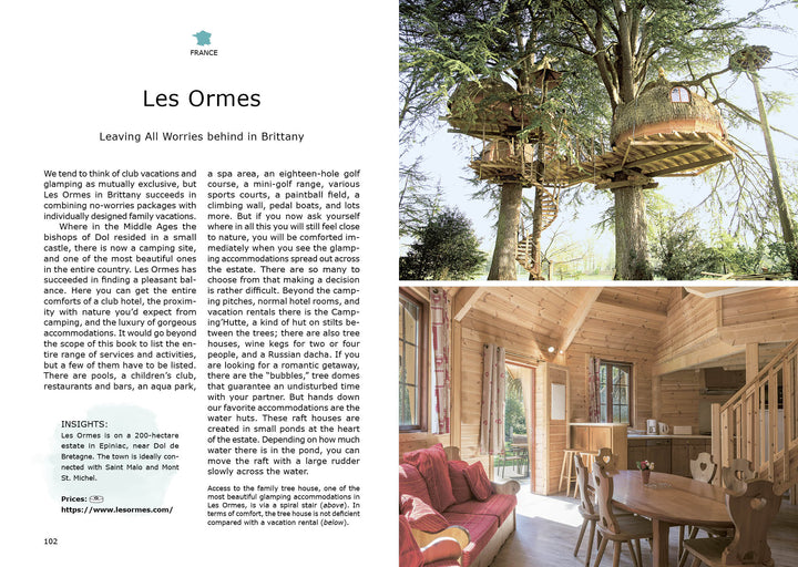 A collage features "Glamping" by Schiffer Publishing, Ltd.: a treehouse perched amid branches and a cozy, wood-paneled living area with large windows—ideal inspiration for luxury camping and top glamping getaways.