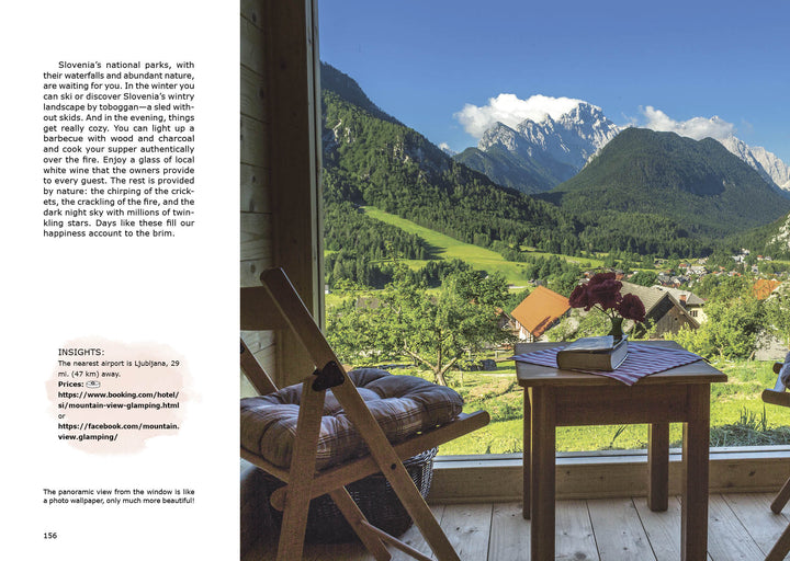 A cozy window nook overlooks an Alpine village in Slovenia—perfect for enjoying Schiffer Publishing, Ltd.'s Glamping, surrounded by forests and mountains, ideal for anyone seeking a unique European getaway.