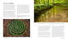 A circular arrangement of small stones rests in a woodland stream with trees above, while an inset reveals a landscape artist’s spiral of green leaves—featured in Land Art by Schiffer Publishing, Ltd.