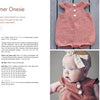 A page from "Summer Knitting for Little Sweethearts" by Schiffer Publishing, Ltd. displays photos of a baby in a pink hand-knit onesie and headband, detailed shots of merino wool yarn buttons, and instructions for children's knitwear.