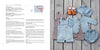A flat lay displays pastel blue and beige children's knits—cardigan, hat, romper, shorts—plus orange baby shoes on wood. "Summer Knitting for Little Sweethearts" by Schiffer Publishing, Ltd. patterns and instructions appear on the left.