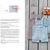 A flat lay displays pastel blue and beige children's knits—cardigan, hat, romper, shorts—plus orange baby shoes on wood. "Summer Knitting for Little Sweethearts" by Schiffer Publishing, Ltd. patterns and instructions appear on the left.