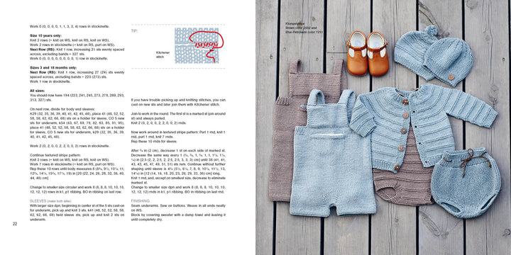 A flat lay displays pastel blue and beige children's knits—cardigan, hat, romper, shorts—plus orange baby shoes on wood. "Summer Knitting for Little Sweethearts" by Schiffer Publishing, Ltd. patterns and instructions appear on the left.