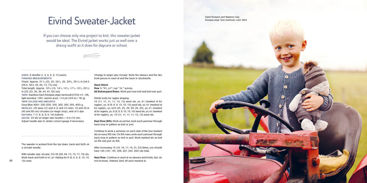 A smiling young child in a gray sweater, knitted from instructions in "Summer Knitting for Little Sweethearts" by Schiffer Publishing, Ltd., sits on a red tractor in a grassy field, holding a stuffed animal under a cloudy sky.