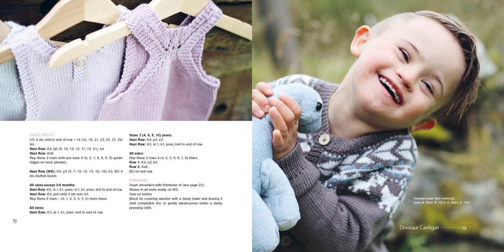 On the left, three pastel purple children's knits from *Summer Knitting for Little Sweethearts* by Schiffer Publishing, Ltd. hang on wooden hangers; on the right, a smiling child in a Scandinavian-style sweater hugs a blue plush toy.
