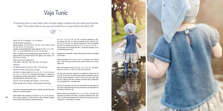 A baby, seen from behind in knitwear from "Summer Knitting for Little Sweethearts" by Schiffer Publishing, Ltd., stands in a puddle with blue and grey Scandinavian-style pieces, reflected in the water amid blurred trees and grass.