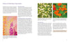 A two-page spread from "Fabulous Flowers with Acrylics" by Schiffer Publishing, Ltd. displays text columns and three vibrant acrylic paintings—daisies, orange blooms, and abstract pink-yellow flowers—highlighting floral painting techniques.