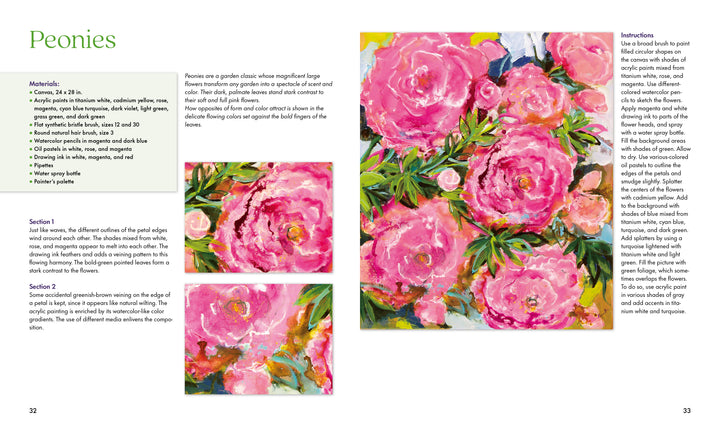 Discover "Fabulous Flowers with Acrylics" by Schiffer Publishing, Ltd.—a step-by-step peony painting tutorial featuring an impressionistic canvas of large pink blooms, close-ups, a materials list, and acrylic flower painting instructions.