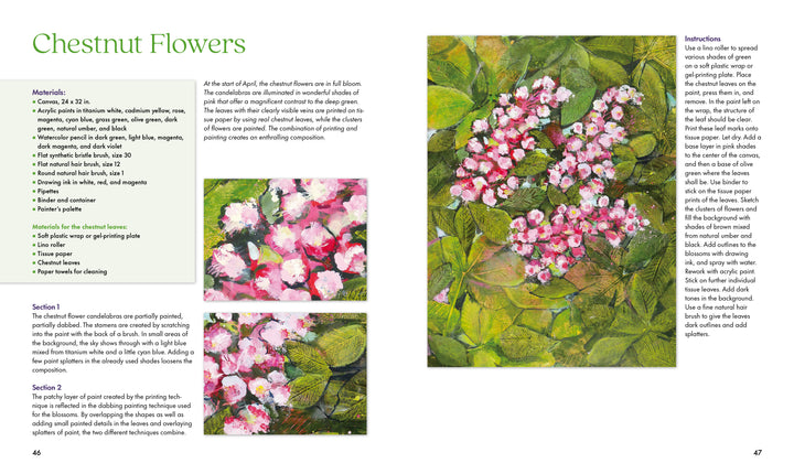 Fabulous Flowers with Acrylics by Schiffer Publishing, Ltd. guides readers in painting pink and white chestnut flowers with green leaves using step-by-step instructions, a materials list, and illustrative spreads.