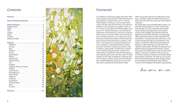 Two pages from "Fabulous Flowers with Acrylics" by Schiffer Publishing, Ltd.: left page with table of contents and an acrylic painting of white flowers; right page with a purple foreword and a handwritten signature below.